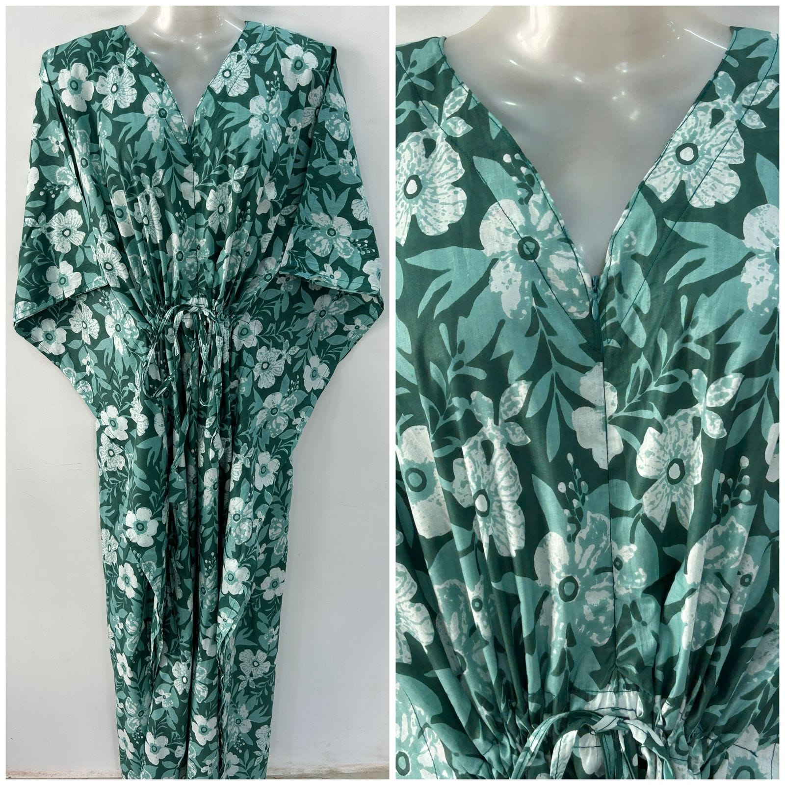 Green shade Flax Flower Print Cotton Maternity Nursing Kaftan