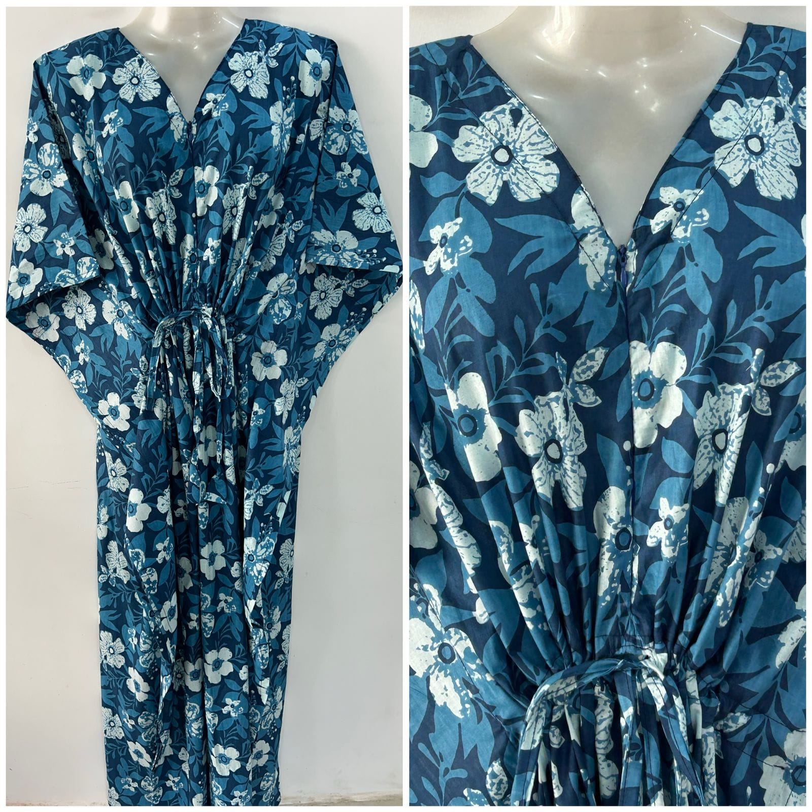 Dark Blue shade Flax Flower Print Cotton Maternity Nursing Kaftan