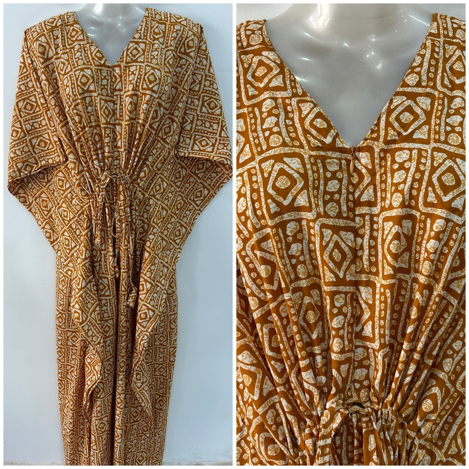 Mustard Yellow shade Egyptian Boho Print Cotton Maternity Nursing Kaftan