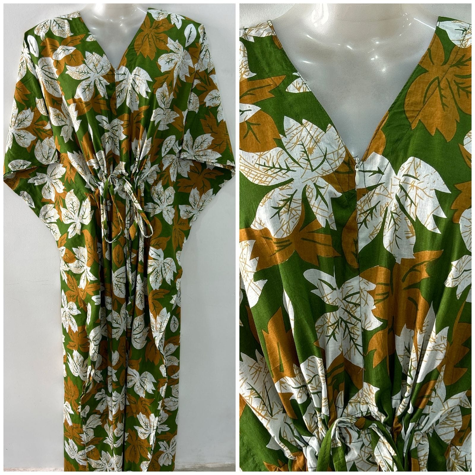 Fresh Green Shade Maple Leafy Print Cotton Maternity Nursing Kaftan