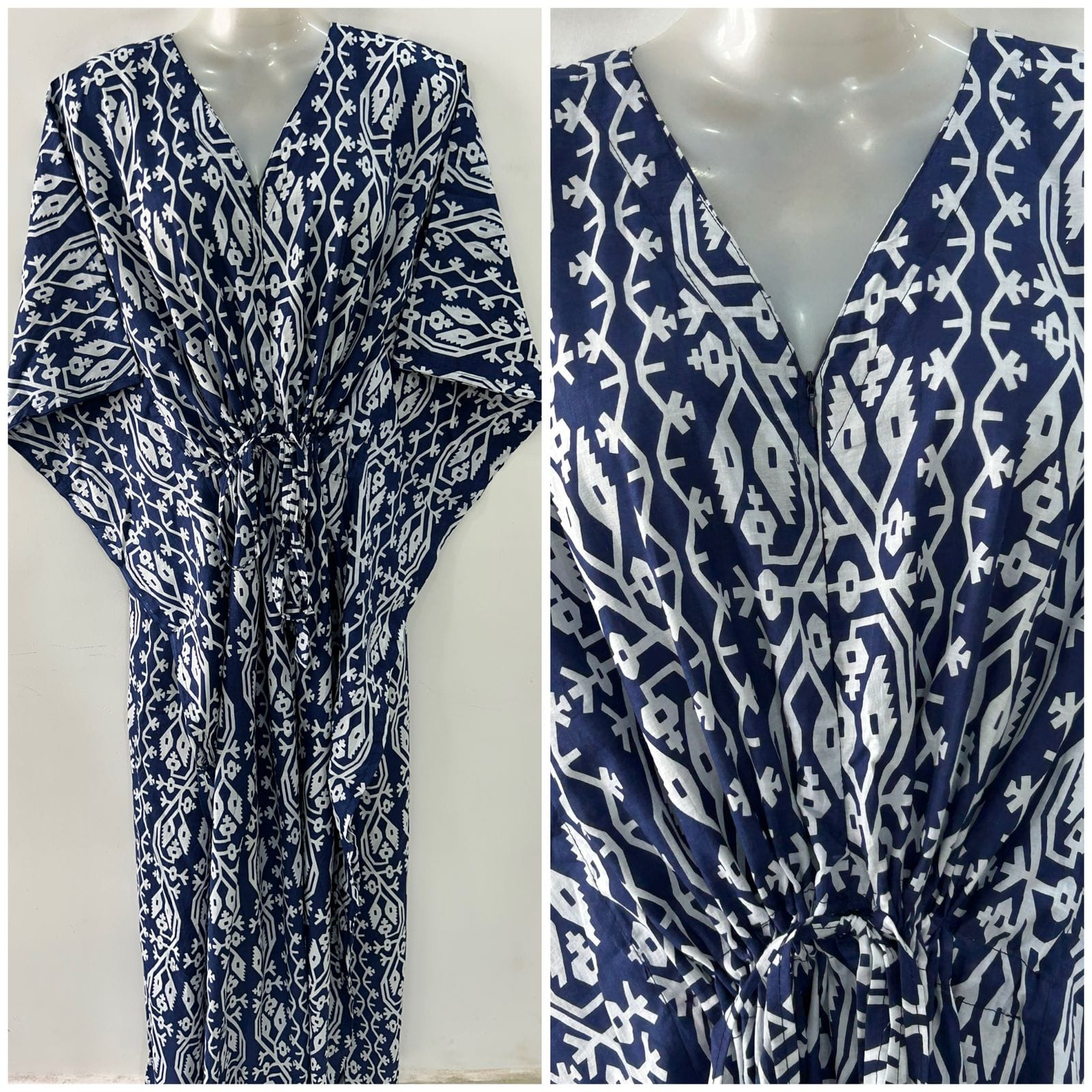 Dark Blue shade Egyptian Ikkat Print Cotton Maternity Nursing Kaftan