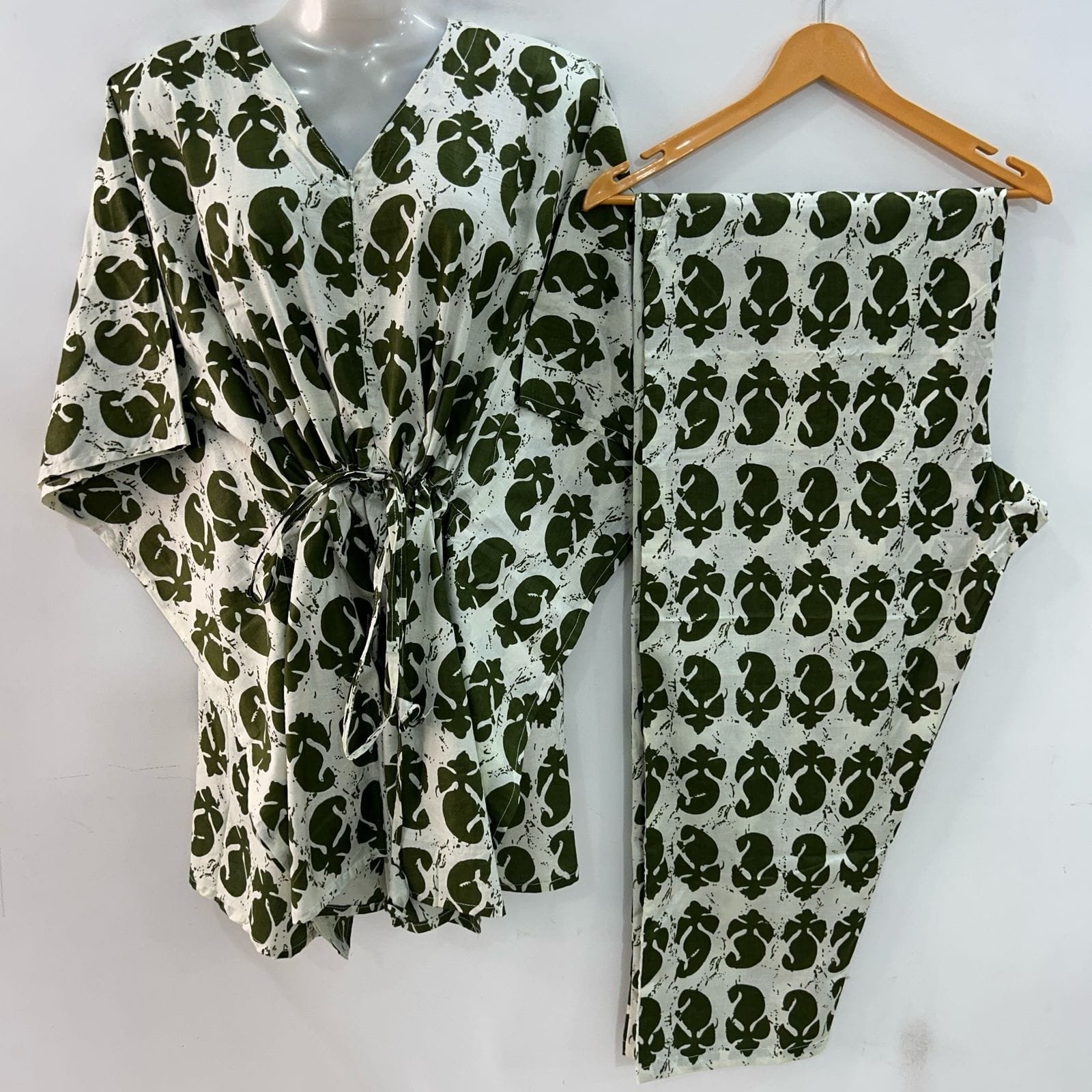 Single Green Leafy Print Cotton Maternity Kaftan Co-Ord Set