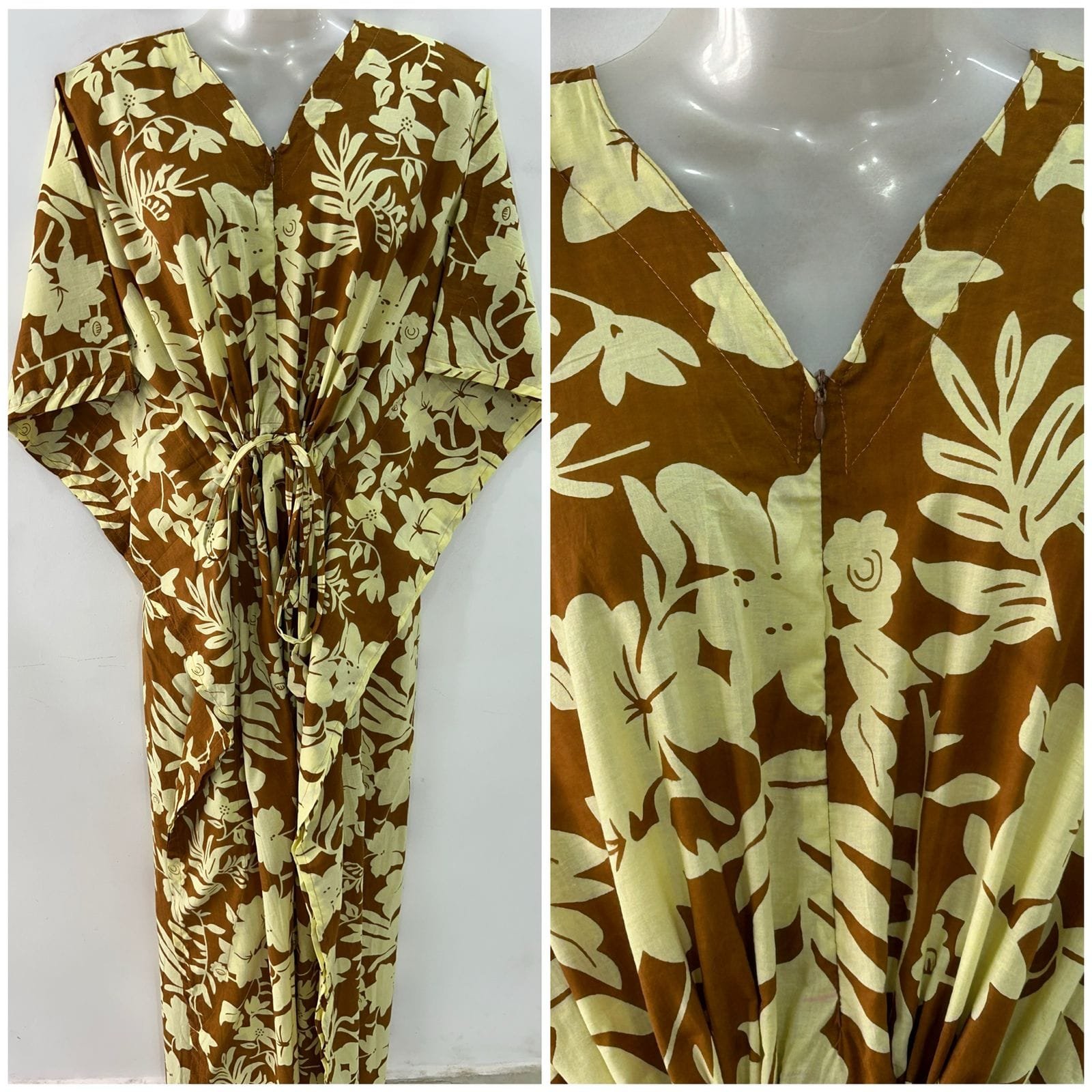 Mustard Brown shade Big Flower Print Cotton Maternity Kaftan