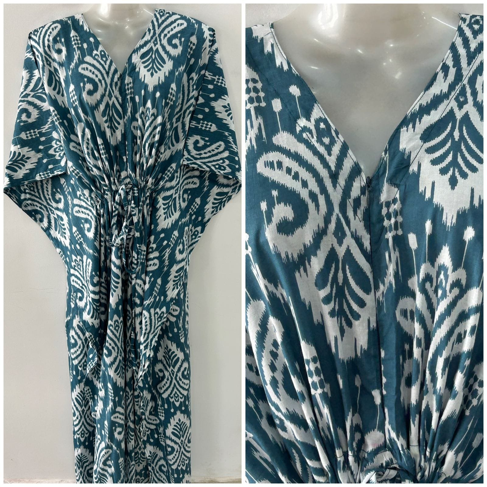 Slate Blue Big Design Ikkat Print Cotton Kaftan