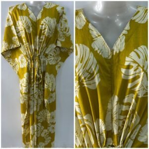 Yellow Monstera Leafy Print Cotton Maternity Kaftan