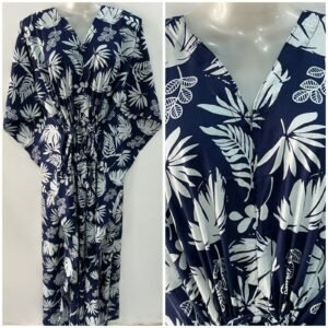 Dark Blue shade white big leafy Print Cotton Maternity Kaftan
