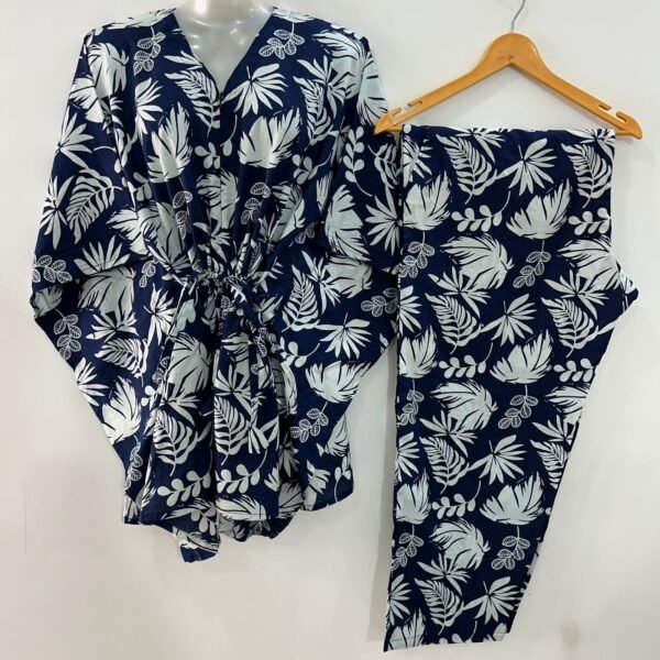 Dark Navy Blue shade White Leafy Print Cotton Maternity Kaftan Co-Ord Set