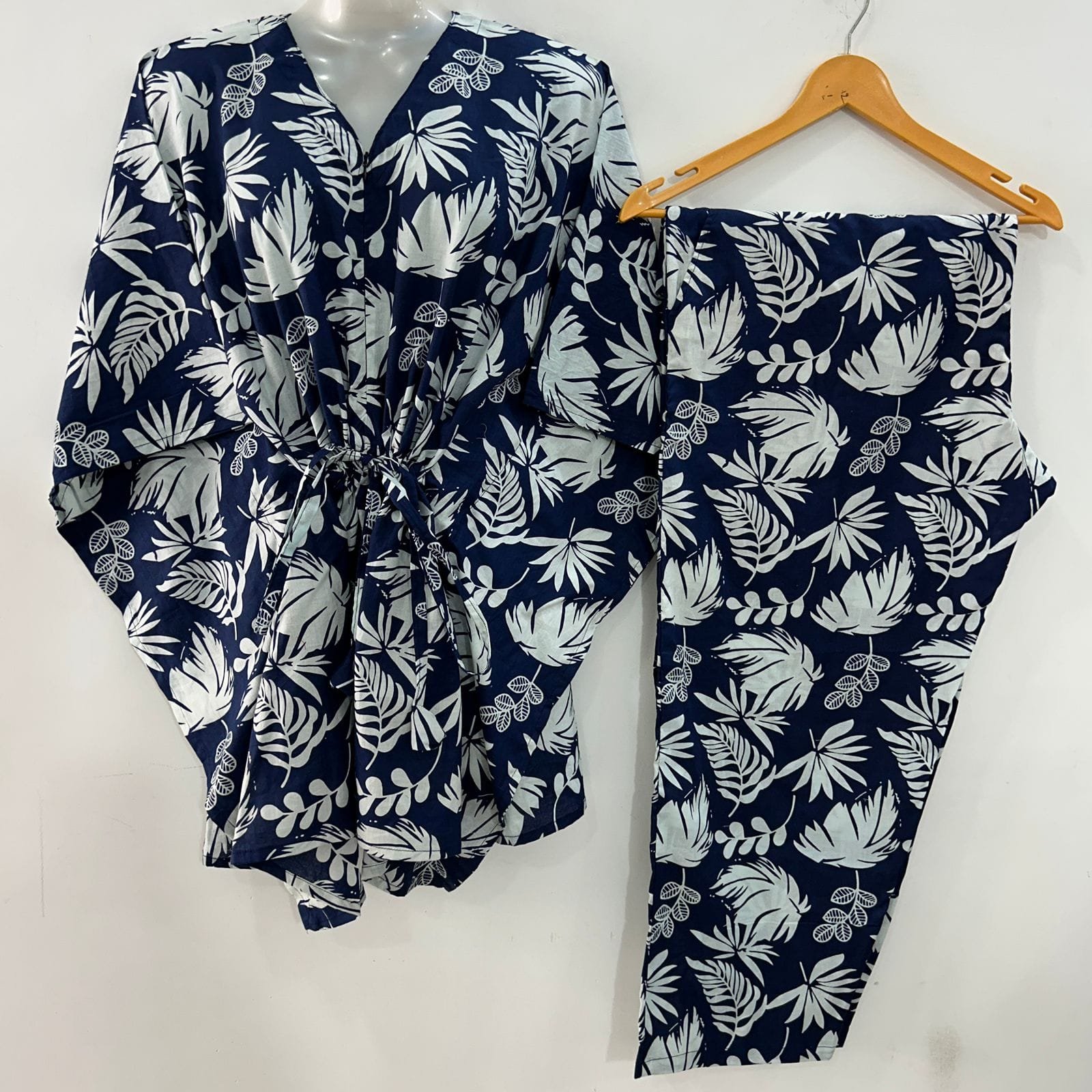 Dark Navy Blue shade White Leafy Print Cotton Maternity Kaftan Co-Ord Set