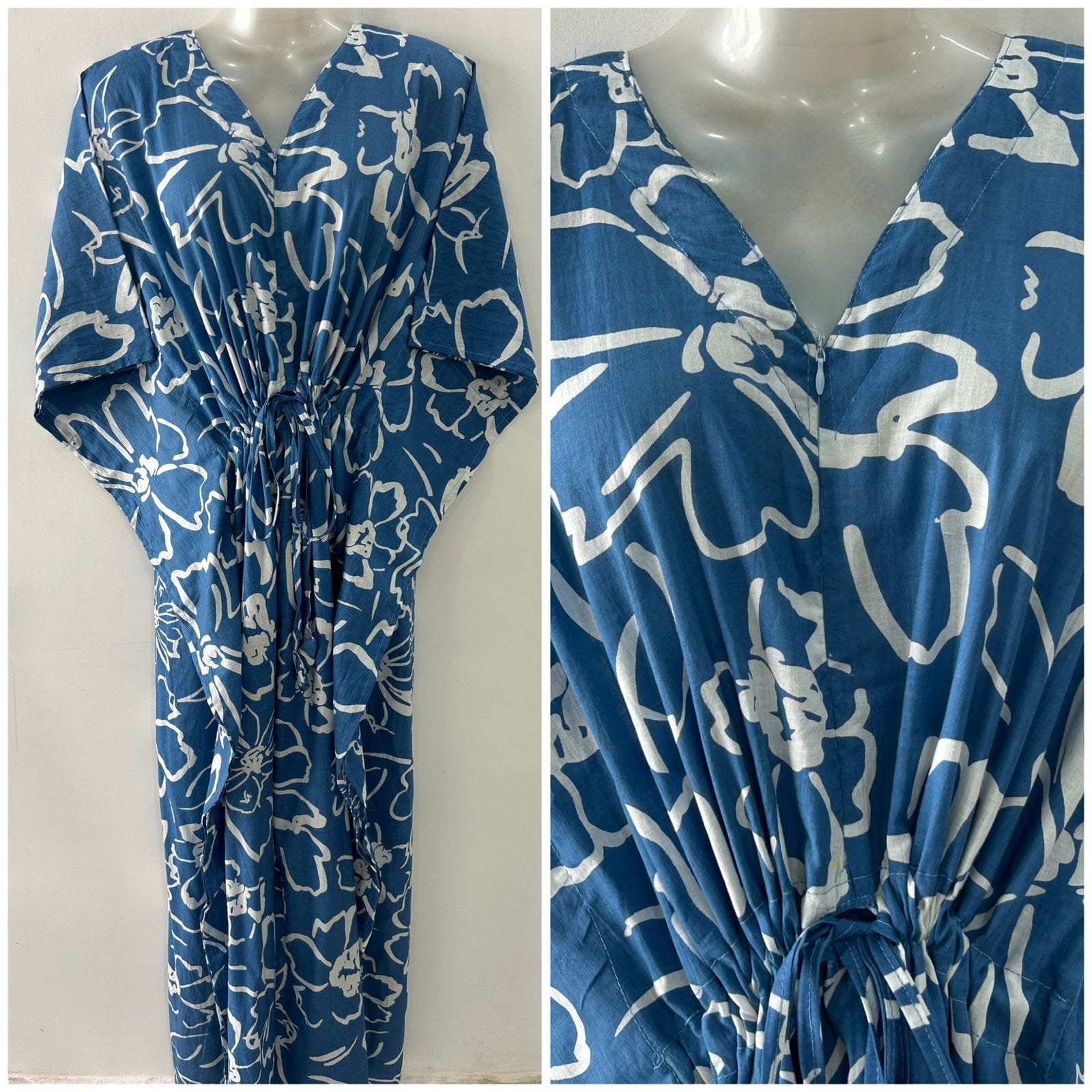 Blue shade Big Flower Outliner Print Cotton Kaftan