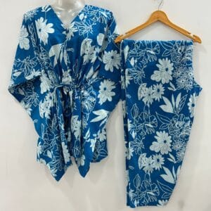 Blue shade Flower Outliner Print Cotton Maternity Kaftan Co-Ord Set