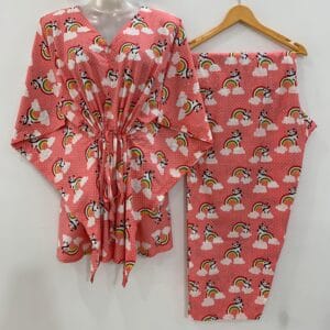 Peach Shade Rainbow Panda Print Cotton Maternity Kaftan Co-Ord Set