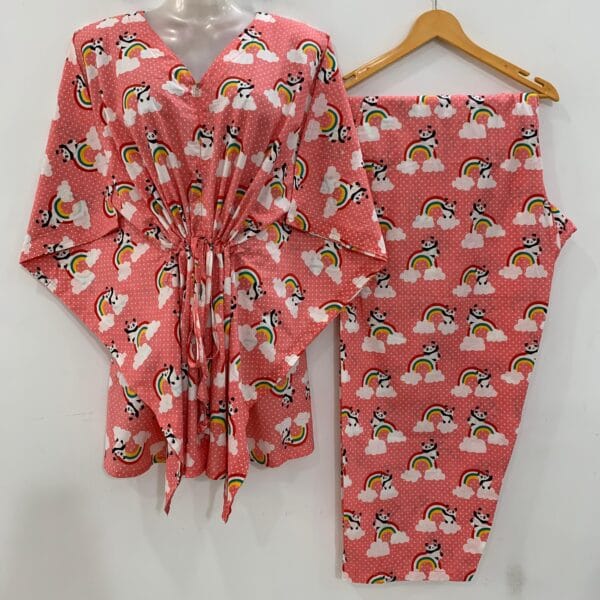 Peach Shade Rainbow Panda Print Cotton Maternity Kaftan Co-Ord Set