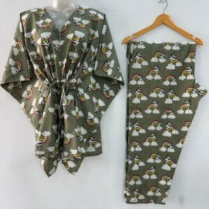 Slate Green shade Rainbow Panda Print Cotton Maternity Kaftan Co-Ord Set