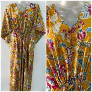 Yellow shade Purple Marigold Print Cotton Maternity Kaftan