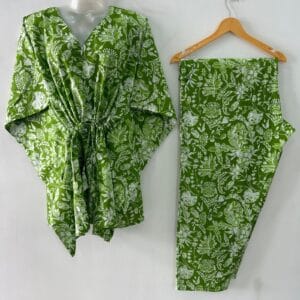 Light Green shade tropical Jungle Leafy Print Cotton Maternity Kaftan Co-Ord Set