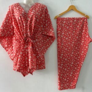 Peach Shade Small Tiny Flower Print Cotton Maternity Kaftan Co-Ord Set