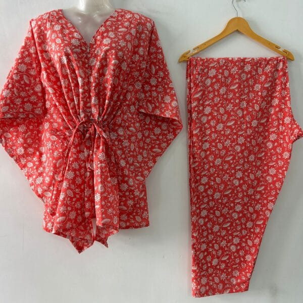 Peach Shade Small Tiny Flower Print Cotton Maternity Kaftan Co-Ord Set