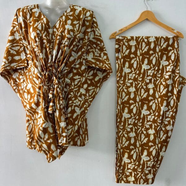 Mustard Yellow single leafy Abstract Print Cotton Maternity Kaftan Co-Ord Set