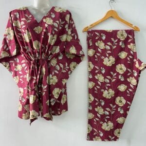 Magenta Pink shade Tiffany Rose Flower Print Cotton Maternity Kaftan Co-Ord Set