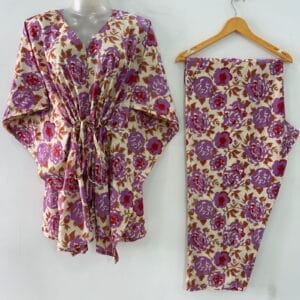 Off White shade Purple Bloomingdale flower Print Cotton Maternity Kaftan Co-Ord Set