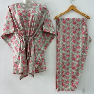 Pastel Green shade Pink Crocus Flower Print Cotton Maternity Kaftan Co-Ord Set