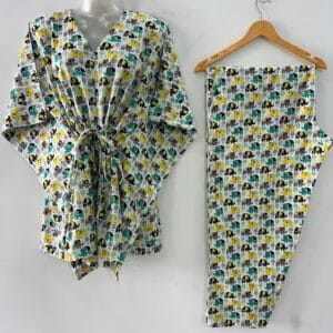 Yellow- Green Cartoon Elephant Print Cotton Maternity Kaftan Co-Ord Set