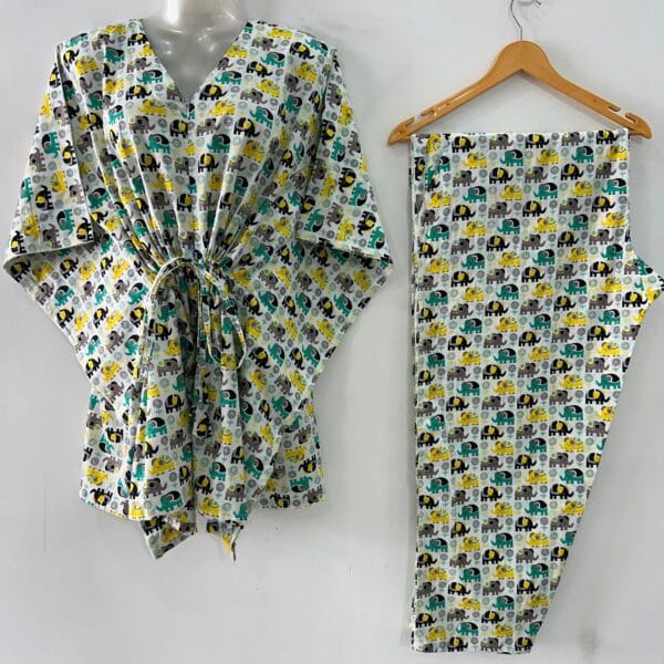 Yellow- Green Cartoon Elephant Print Cotton Maternity Kaftan Co-Ord Set