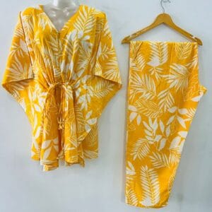 Yellow shade White Big Leafy Print Cotton Maternity Kaftan Co-Ord Set
