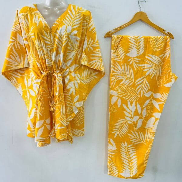 Yellow shade White Big Leafy Print Cotton Maternity Kaftan Co-Ord Set
