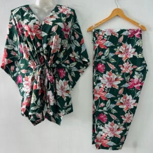 Dark Green shade Big Flower Garden Print Cotton Maternity Kaftan Co-Ord Set