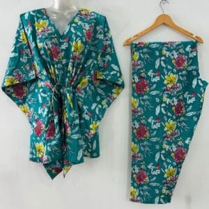 Seagreen shade Red-Yellow Monalisa Flower Print Cotton Maternity Kaftan Co-Ord Set