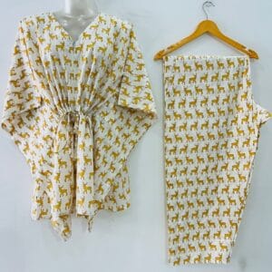 Off White shade Yellow Reindeer Print Cotton Maternity Kaftan Co-Ord Set