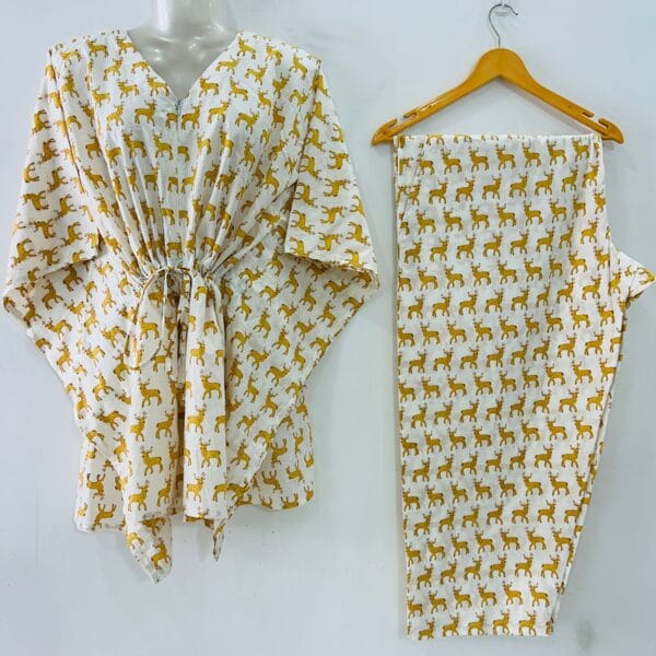 Off White shade Yellow Reindeer Print Cotton Maternity Kaftan Co-Ord Set