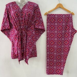 Pink Shade Purple Geometrical Print Cotton Maternity Kaftan Co-Ord Set