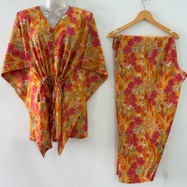 Yellow shade Pink Buttercup Flower Print Cotton Maternity Kaftan Co-Ord Set