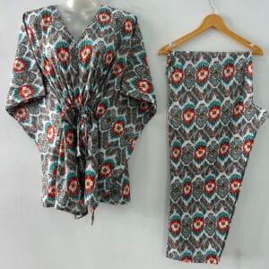Grey - Orange shaded Ikkat Print Cotton Maternity Kaftan Co-Ord Set