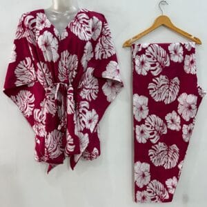 Dark Pink shade Monstera Leafy Print Cotton Maternity Kaftan Co-Ord Set