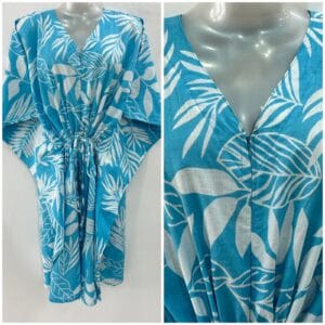 Blue Shade Big Leafy Print Cotton Mid-Length Maternity Kaftan Dress