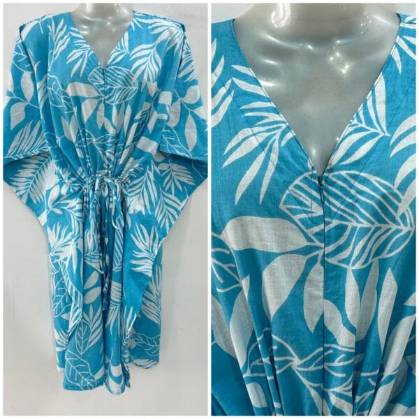 Blue Shade Big Leafy Print Cotton Mid-Length Maternity Kaftan Dress