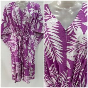 Lavender Shade White Big Leafy Print Cotton Mid-Length Maternity Kaftan Dress