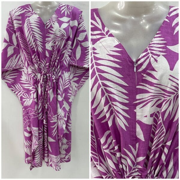 Lavender Shade White Big Leafy Print Cotton Mid-Length Maternity Kaftan Dress