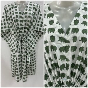 White Shade Green Cute Elephant Print Cotton Mid-Length Maternity Kaftan Dress