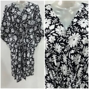 Black Shade White Daisy Flowery Print Cotton Mid-Length Maternity Kaftan Dress