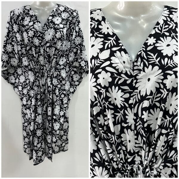 Black Shade White Daisy Flowery Print Cotton Mid-Length Maternity Kaftan Dress