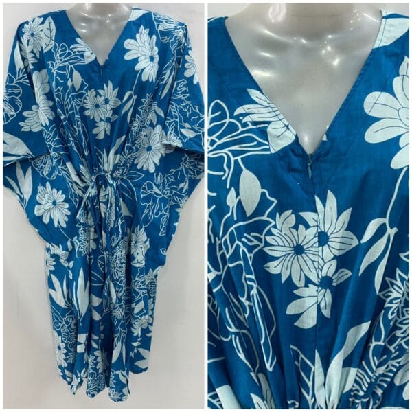 Blue Shade Flower Outliner Print Cotton Mid-Length Maternity Kaftan Dress