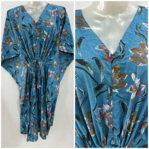 Blue Shade Yellow Lillies Print Cotton Mid-Length Maternity Kaftan Dress