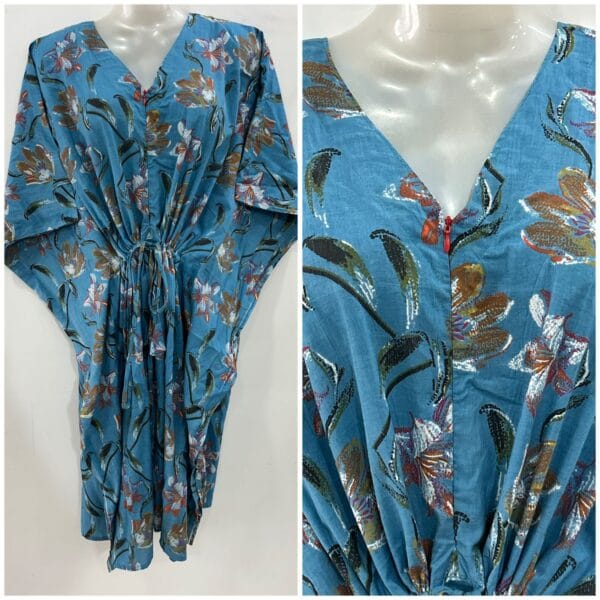 Blue Shade Yellow Lillies Print Cotton Mid-Length Maternity Kaftan Dress
