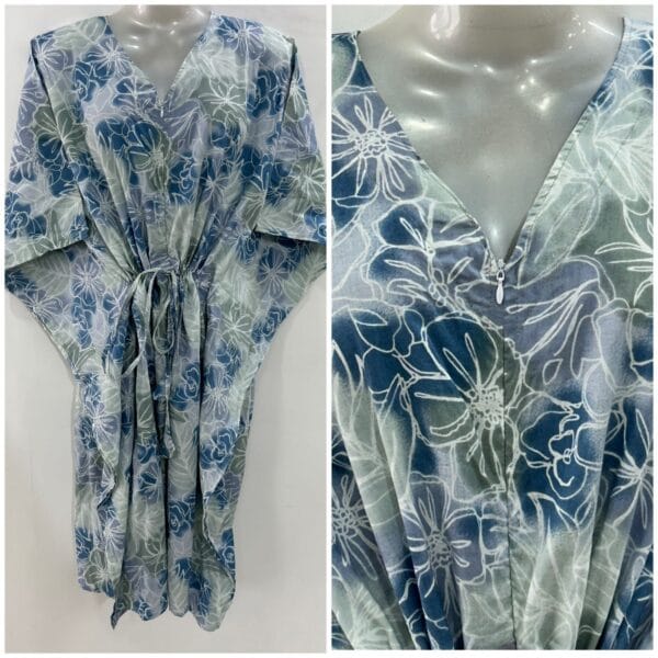Blue Grey Shaded Flower Outliner Print Cotton Mid-Length Maternity Kaftan Dress