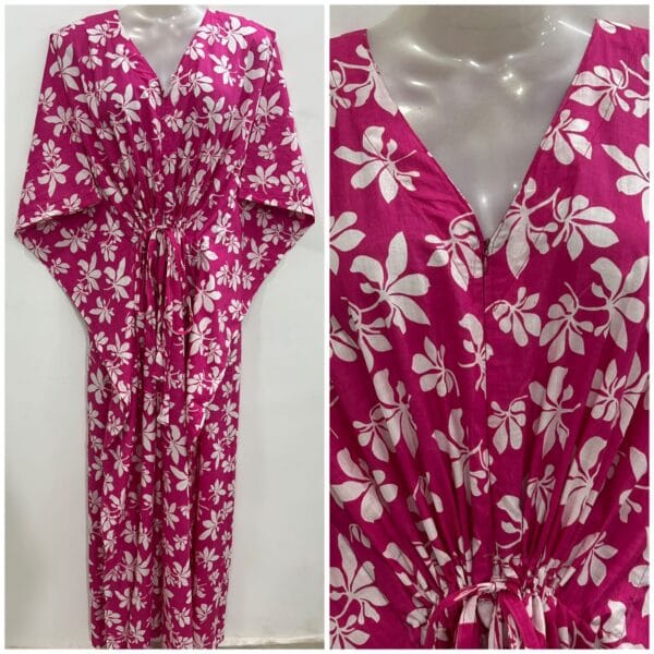 Pink Shade Autumn Leafy Print Cotton Maternity Kaftan