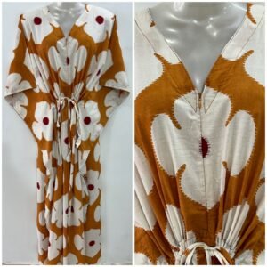 Mustard Brown shade White Four Petals Flower Print Cotton Maternity Kaftan